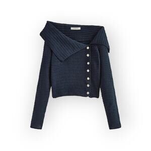 Commense Navy Asymmetric Knit Off-Shoulder Top Cotton Blend Cozy Minimalist XL